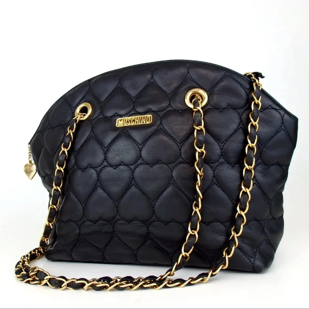 AUTH MOSCHINO Leather Heart Quilted Chain Shoulder Bag - Picture 1 of 8